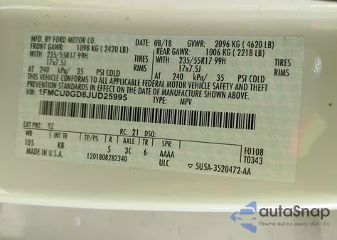 2018 Ford Escape Se z USA, uszkodzony, nr VIN 1FMCU0GD8JUD25995